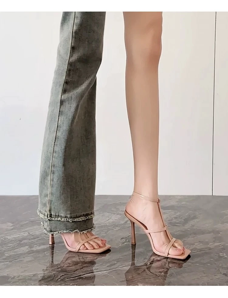 Sheepskin Version~ French-style High-heeled Thin-strap Nude Sandals, Summer Versatile Square-toe Wrap-around Sandals