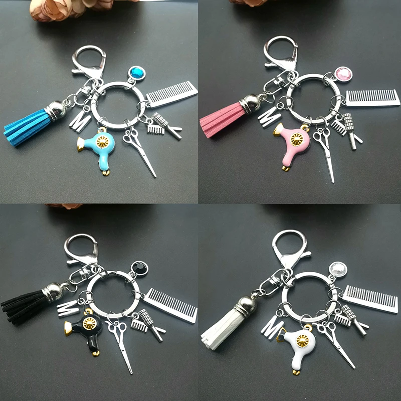 Creative Hairstyle Gift Charm Tassel Keychain Jewelry Mini Hairdressing Scissors Hair Dryer Comb Keychain