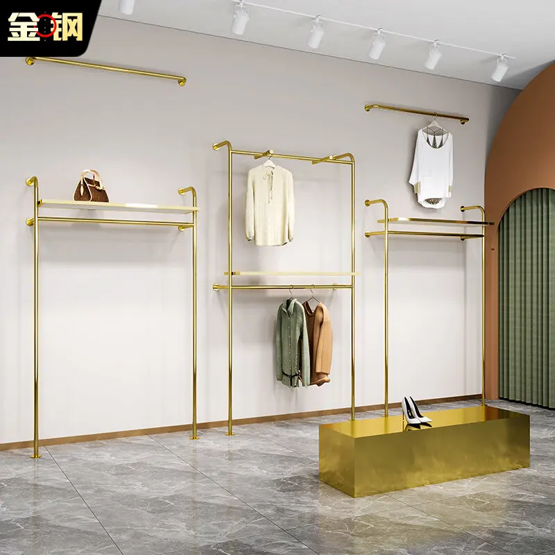 

Настенная вешалка для одежды из нержавеющей стали и титана, от пола до потолка, для демонстрационных стеллажей в магазине одежды