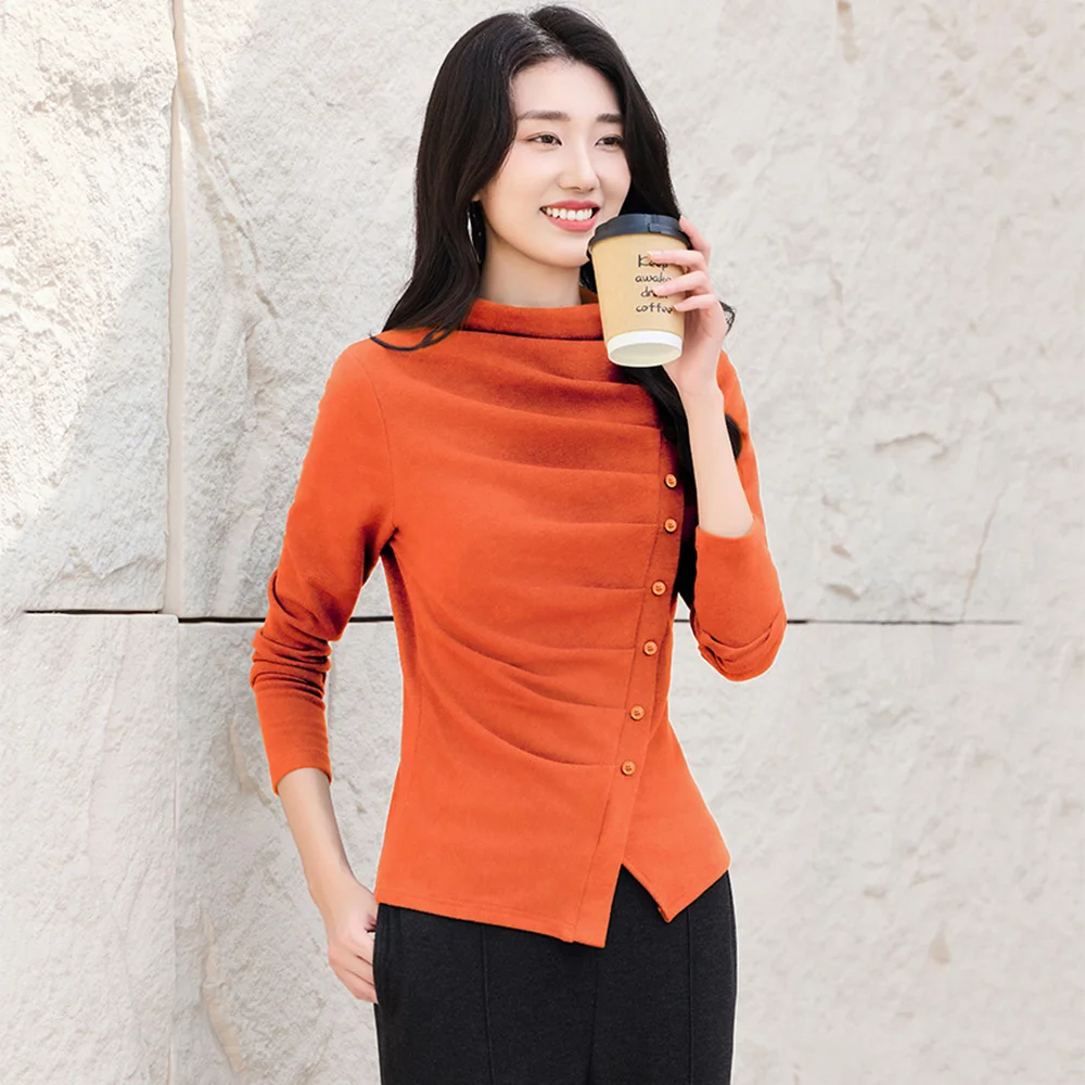 New Women Autumn Winter Irregular Design T-shirt Fashion Half High Collar Slim Waist Asymmetric Tees Casual Daily T-shirt Female