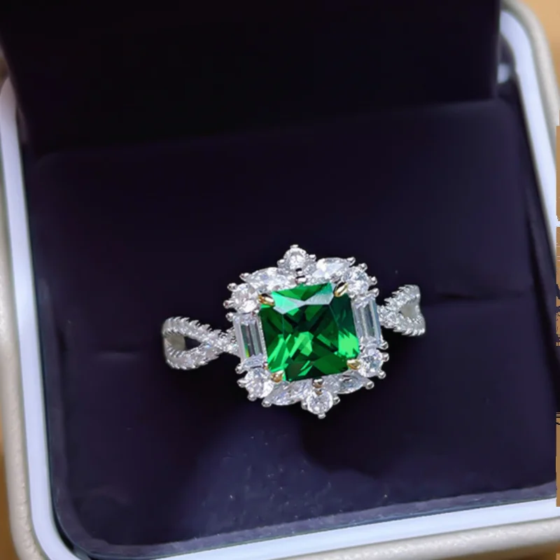 100% 925 Silver Ring Female Green Diamond Imported High Carbon Diamond Temperament Wedding Jewelry Wholesale