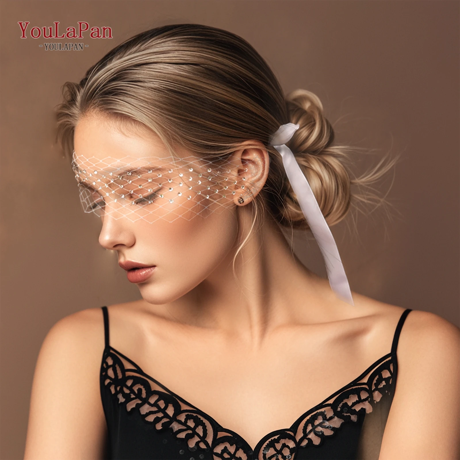 

TOPQUEEN Simple Bridal Veil Headband Wedding Bridal Headpiece Rhinestone Encrusted Mesh Veil Headband Prom Party Accessory MA53