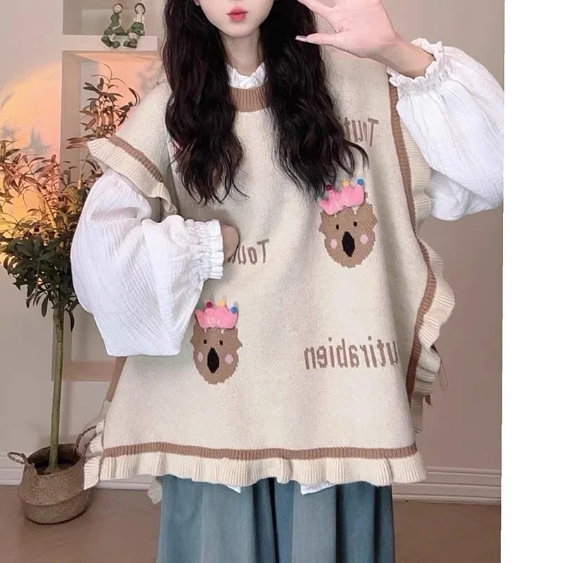 

Plus size women's vest sweater loose tank top women's autumn and winter new cute cartoon bear sleeveless ruffled Joker sweater