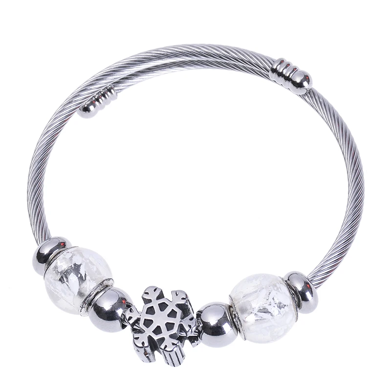 

New Fashion Jewelry Gifts High Quality Glass Beads Snow Retro Accessories Threaded Steel Wire Open Ring Stainless Steel Bracelet