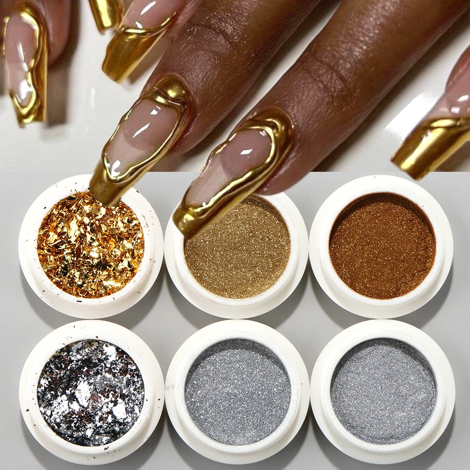 6 stücke Chrom Gold Silber Nagel Pulver Flocken Metallic Spiegel Holographische Nagel Folien Glitter Pigment Make-Up Nail art Dekorationen