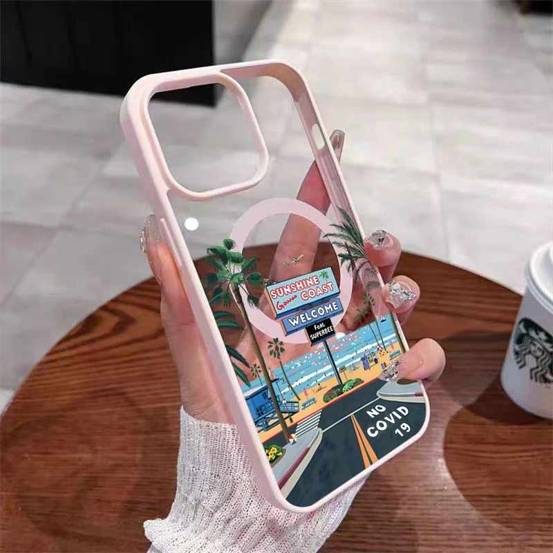 

One Pack of Stylish Stickers Seaside Design Magnetic Phone Case For iPhone 17 17E 17Air 16E 16 15 14 13 12 11 Pro Max Plus Cover
