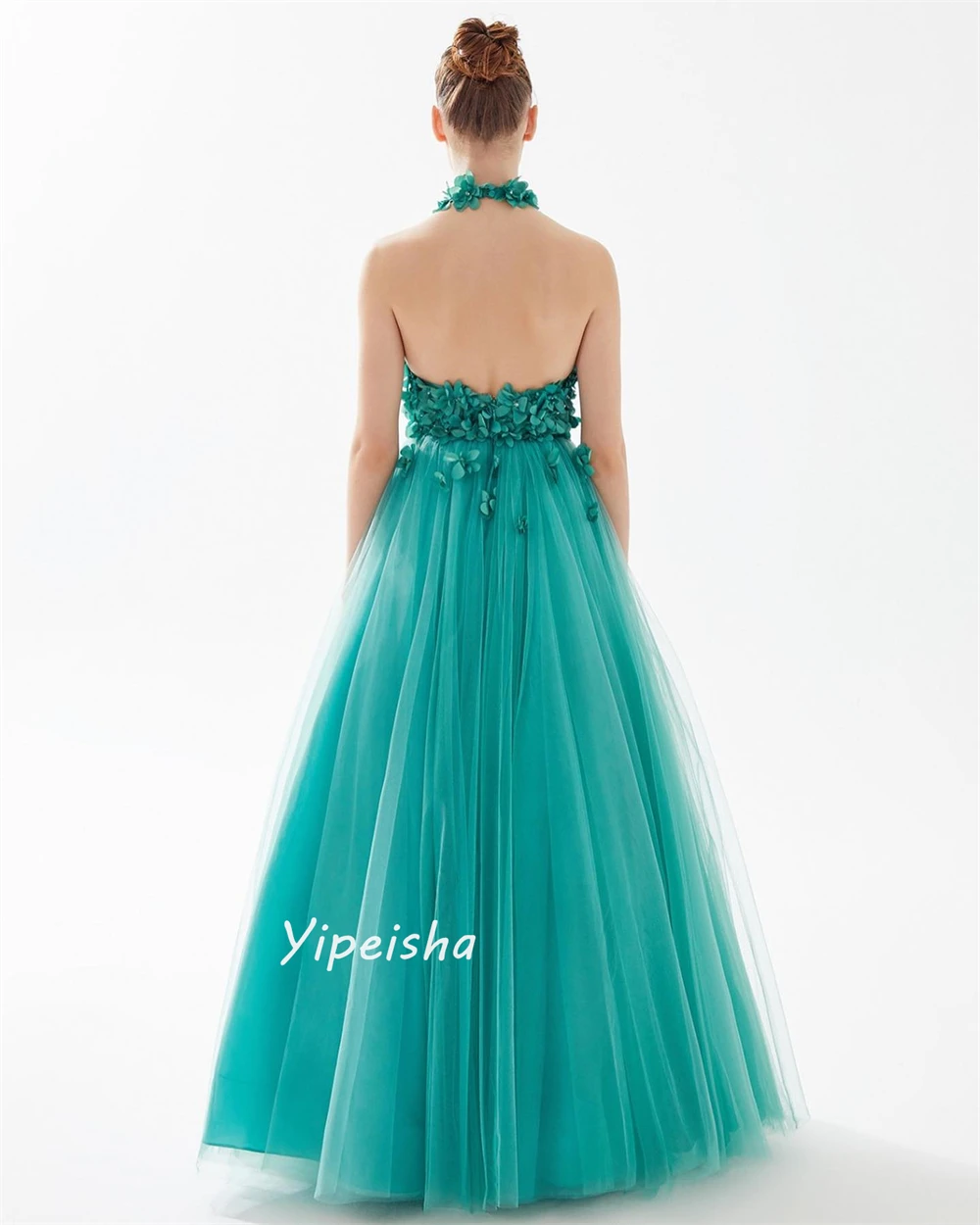 Yipeisha-requintado vestido de baile Halter, Beading Flower, drapeado até o chão, Net Tulle Prom Dresses