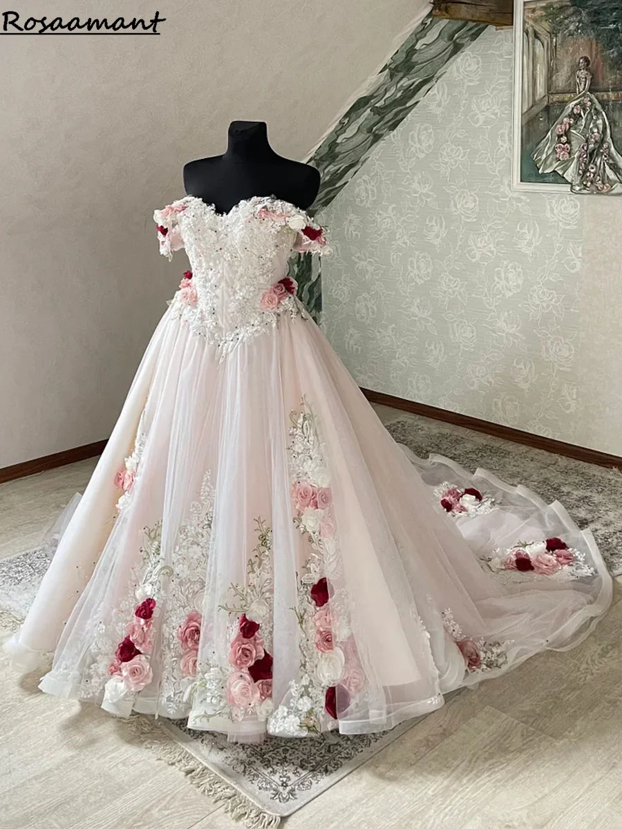 Pink Off The Shoulder 3D Flowers A-Line Wedding Dresses Princess Appliques Lace Bridal Gowns Robe De Mariee