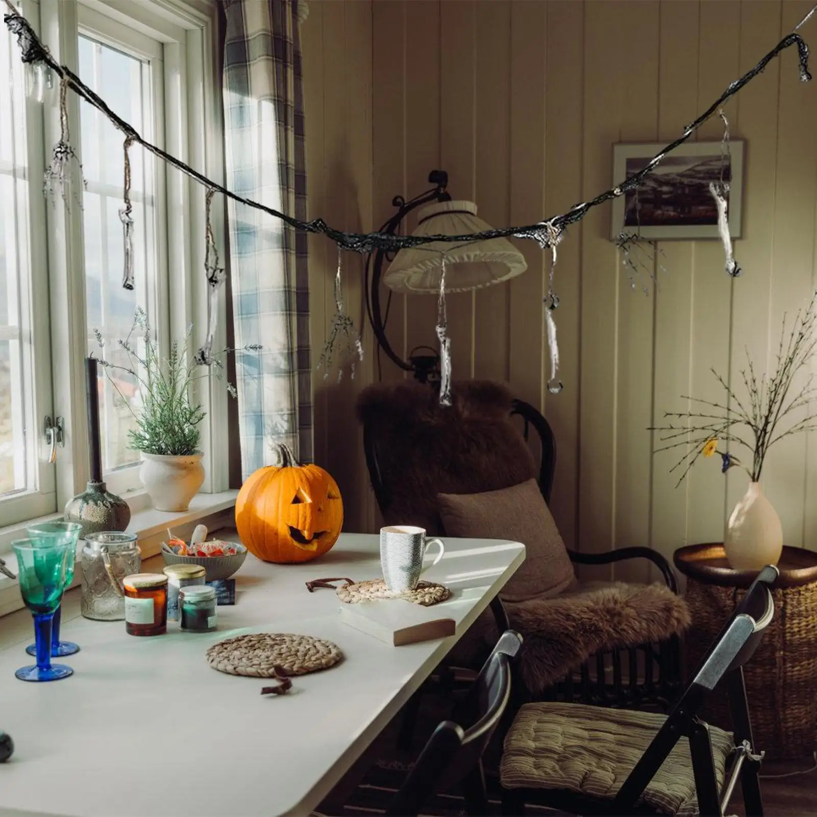 Halloween Banner Indoor Halloween Banner Resin Skeleton 6.5Ft Scary Scene Props Indoor Ceiling Ornament For Door Backyard