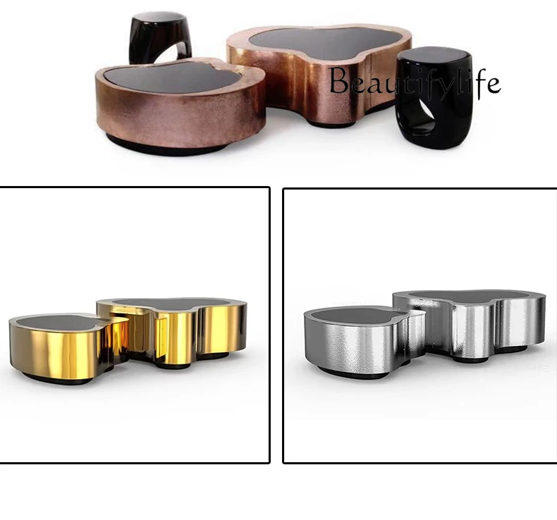 Stainless steel special-shaped coffee table hotel design sense high-end side table living room art wave pattern tea table