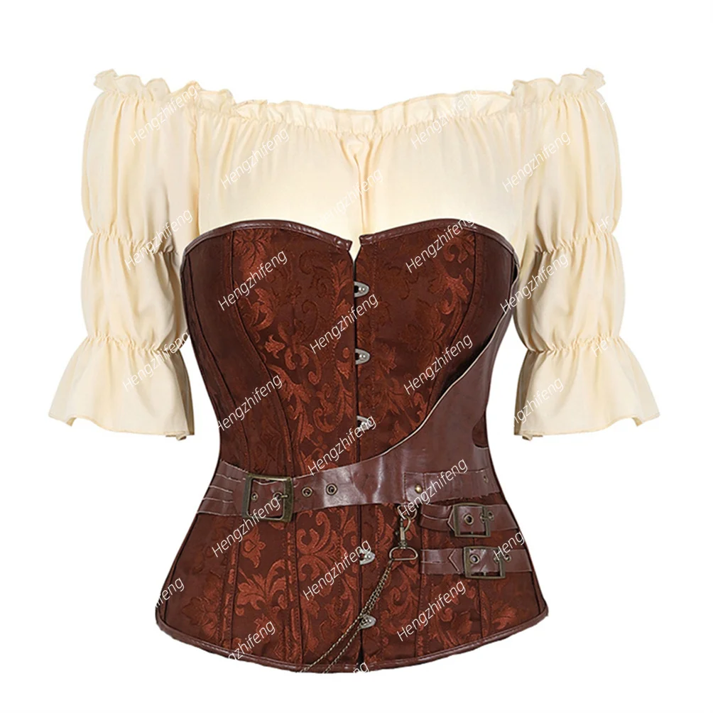 

Pirate Corset with Blouse Brocade Bustier Sexy Plus Size Leather Basque Buckles Jacquard Exotic Corsetto Two Pieces Corsets