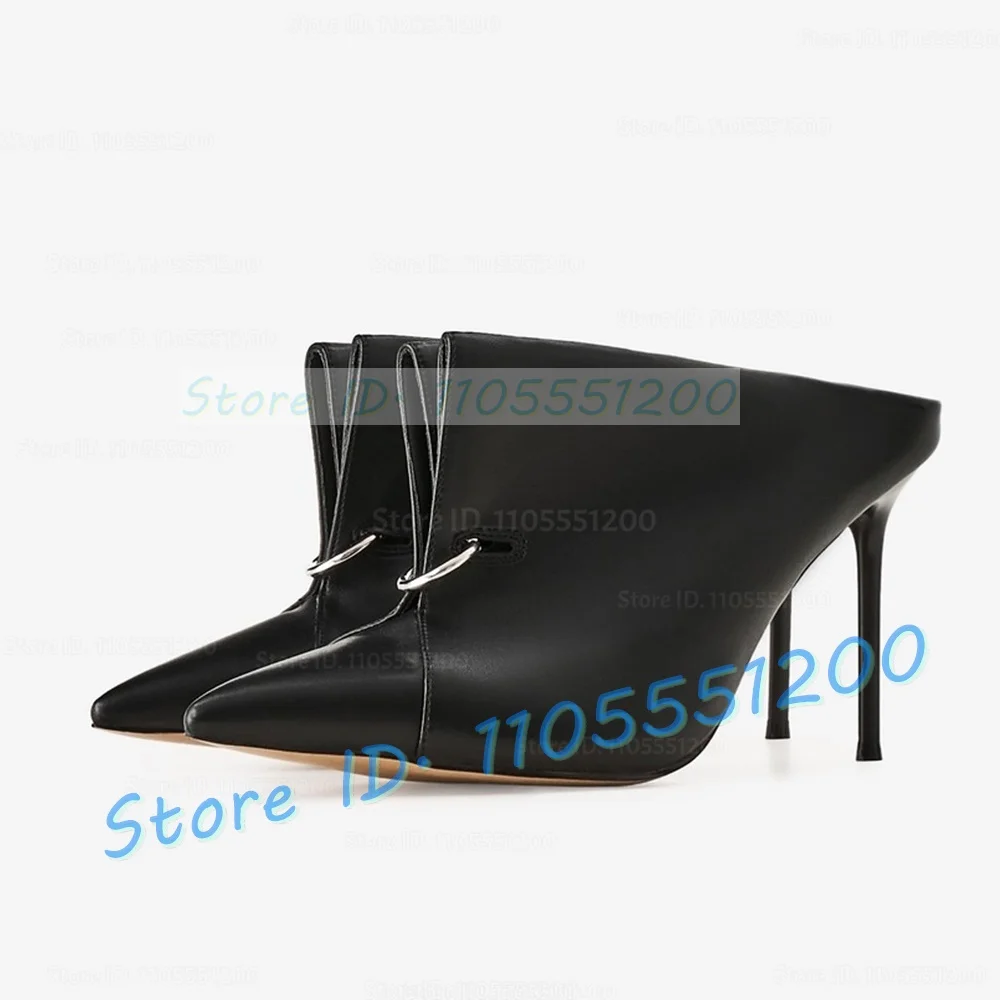 Novelty Cutout Leather High Heel Slippers Women Trendy Front Metal Decor Pointy Toe Stilettos Ladies Big Size Outdoor Mules