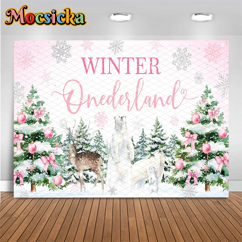 Фотографический фон Mocsicka Winter Onederland: Розовый лес, полярный медведь, олень, снежинки. Фон для фото на 1-й день рождения.