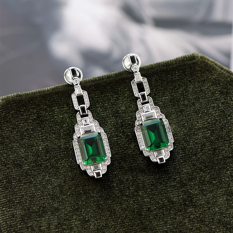 Gold Plated CopperArtDecoSterling Silver Emerald Old Money Style EarringsS925Silver Simple Elegant Retro High-end Earrings Whole