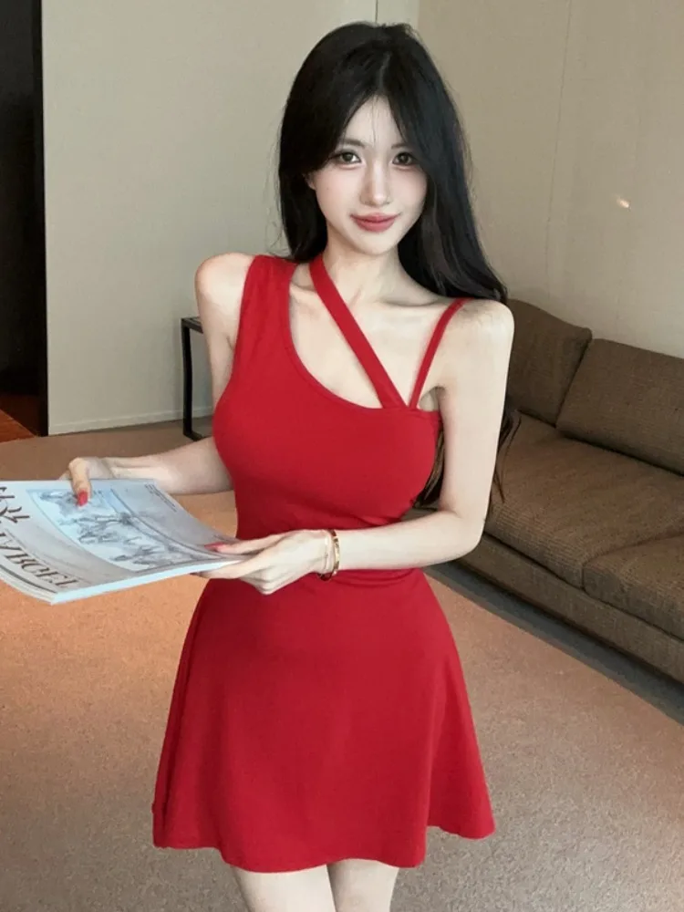 

Elegant Sexy Short Strap Dress Women's Summer Pure Desire Floral Print High Waist Conical Bodycon Dress with Chest Pad Skirt