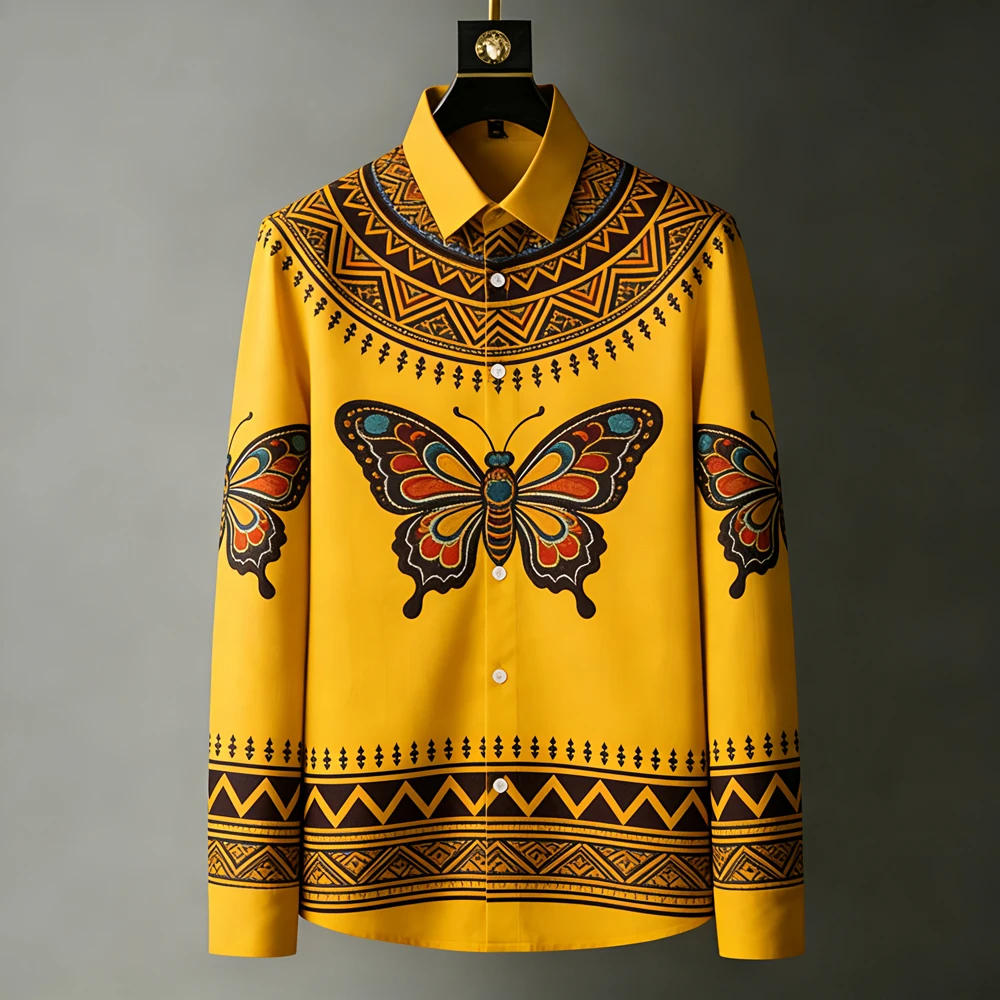 الرجال الخفيفة الفاخرة الريف الأمريكي ثلاثية الأبعاد قميص مطبوع كم طويل التلبيب زر هاواي شاطئ قميص في الهواء الطلق حفلة الرجال