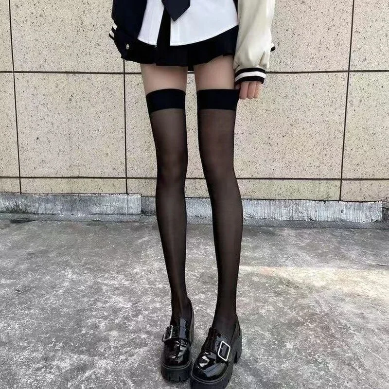 Sexy Red Edge New Over The Knee Long Socks Gothic Lace Transparent Thigh High Stockings Women Punk JK Thin Silk Solid Hosiery