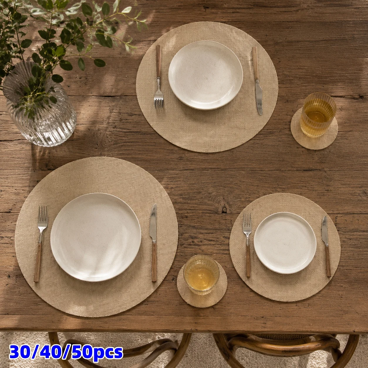 30/40/50 pièces de sets de table et sous-verres en jute, 14,96 pouces/11,81 pouces/3,93 pouces, adaptés aux banquets de mariage et aux fêtes.