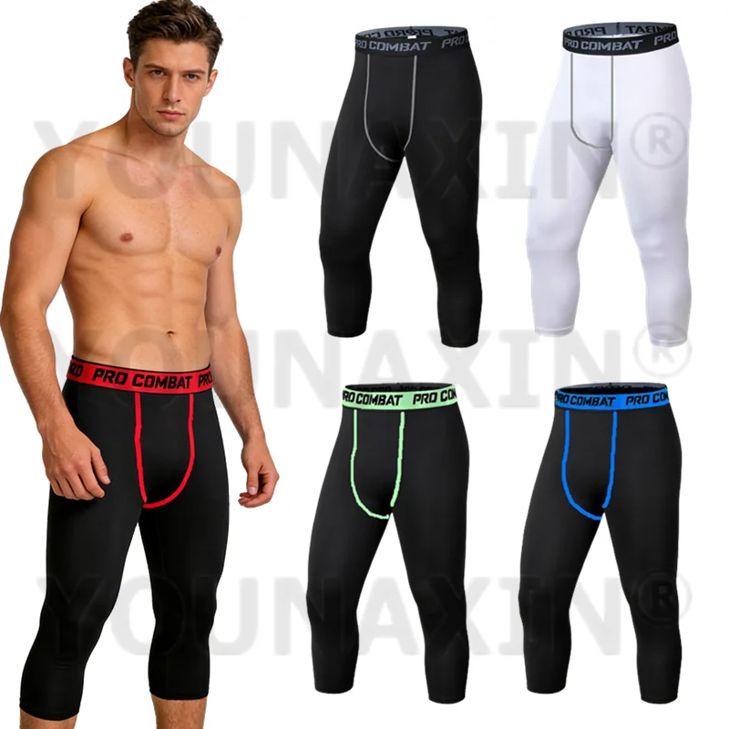 

Мужские спортивные укороченные брюки 3/4, обтягивающие штаны для йоги, тренировочные штаны для фитнеса, бега, баскетбола, быстросохнущие, размеры S, M, L, XL, 2XL, 3XL