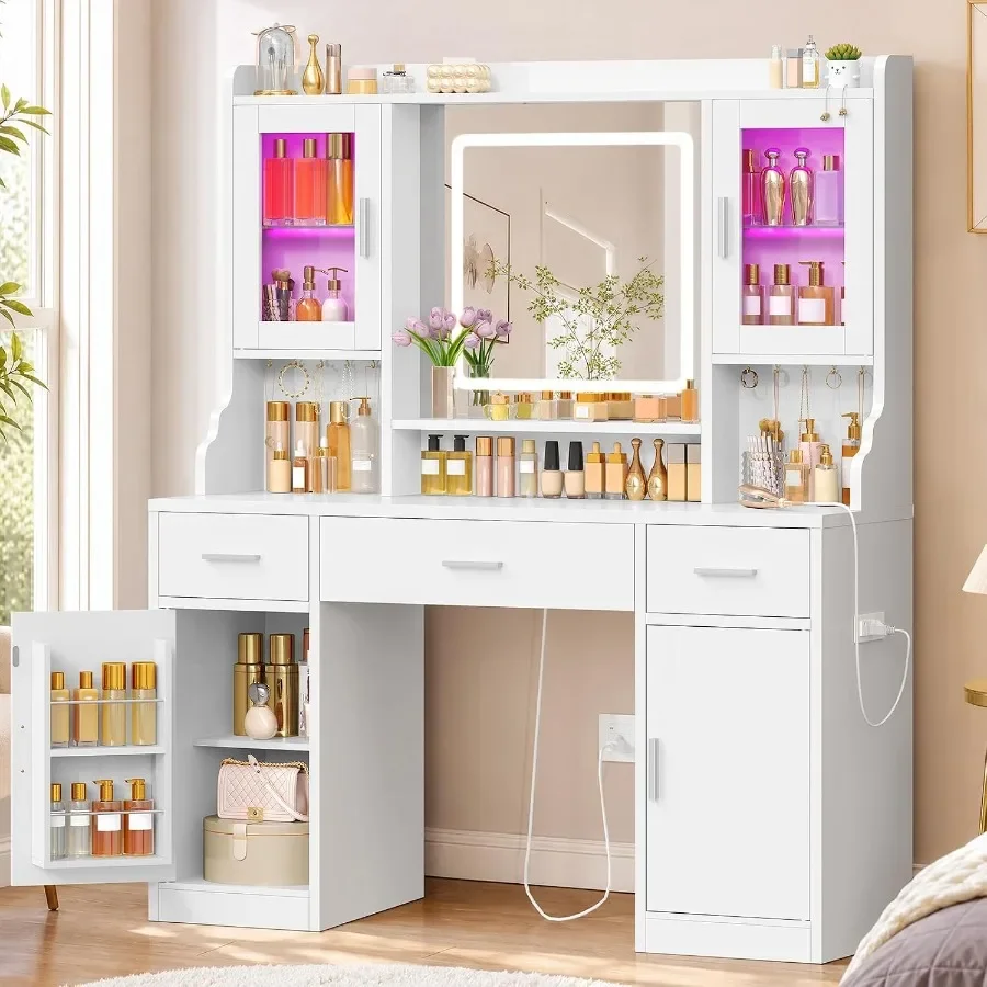 Tocador con espejo y luces para maquillaje, ideal para el dormitorio, fabricado en MDF blanco, con modos de iluminación RGB, 2 armarios grandes y 3 cajones.