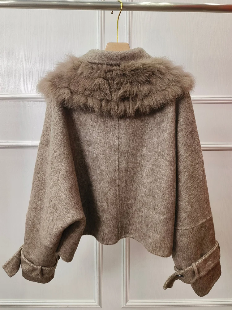 Abrigo de piel auténtica para mujer, Chaqueta corta de lana de Cachemira con cuello de piel de zorro Natural, ropa de abrigo femenina para otoño e invierno, 2024