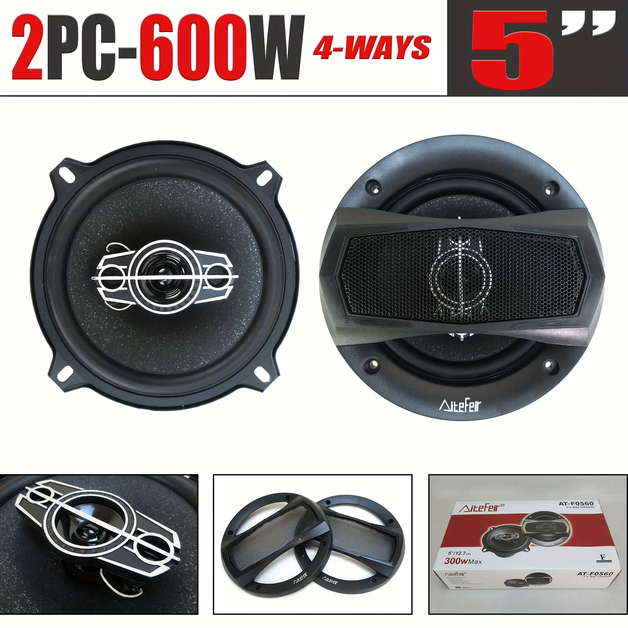 Image of 2er-Pack 5 Zoll 600W 4-Wege Auto HiFi Koaxiallautsprecher mit Staubschutz und Audiokabel, Autotür-Audio-Musik-Stereo-Breitbandlautsprecher