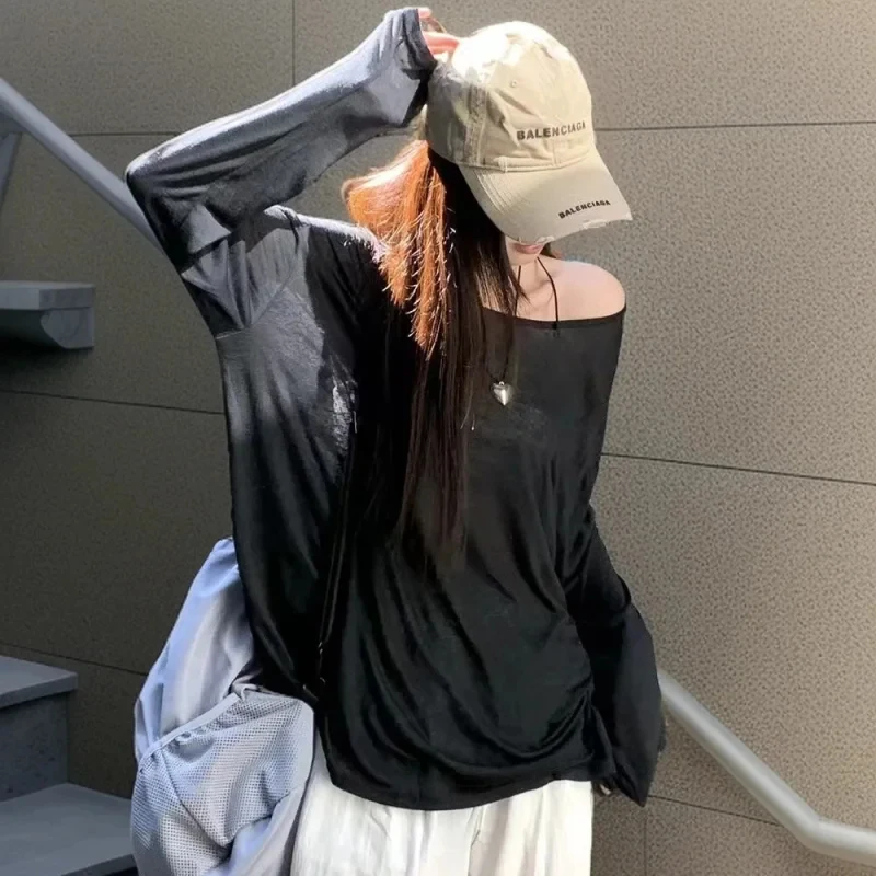 

2026 Summer Women Sexy Sheer Baggy Off Shoulder T-shirt Loose Solid Casual Streetwear Top