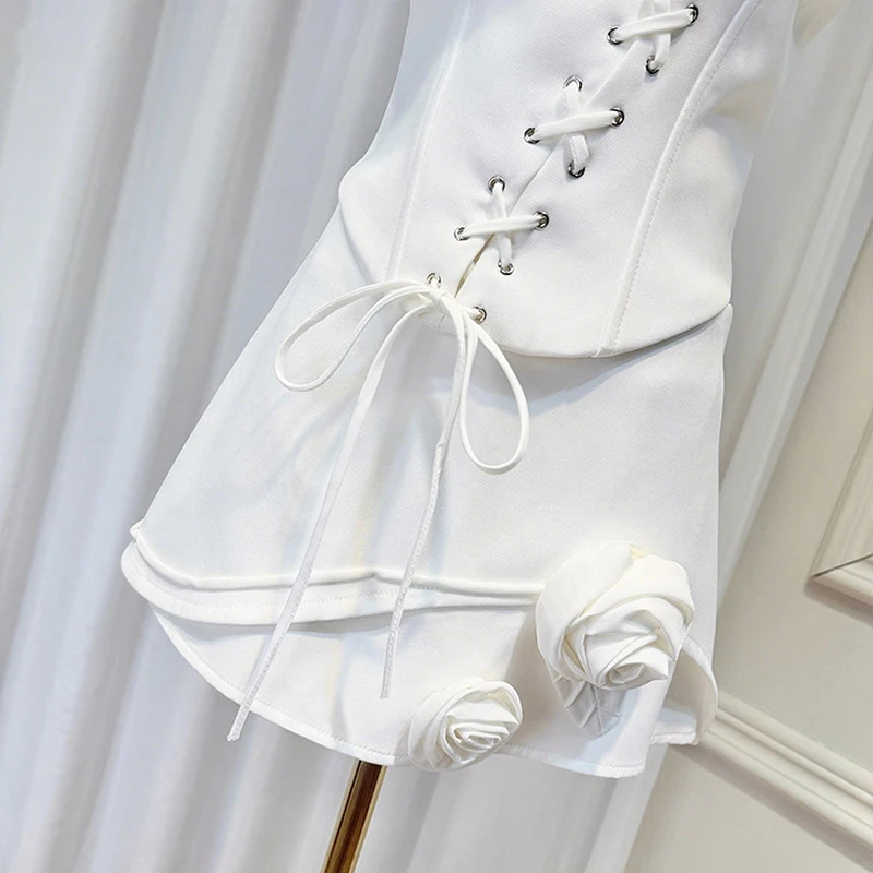 KBQ Effen Slanke Tweedelige Sets voor Vrouwen Vierkante Kraag Mouwloos Gesplitst Applicaties Tops Hoge Taille Mini Rokken Chique Set Vrouwelijke