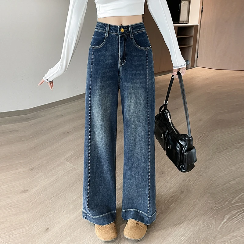 

Синие узкие прямые джинсы женские летние новые большие размеры толстые мм с высокой талией эластичные маленькие девять точек широкие брюки повседневные чистые