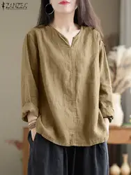 Vintage Women Cotton Blouse Spring V Neck Long Sleeve Tops 2023 ZANZEA Retro Solid Loose Shirt Female Work Tunic Blusas Mujer