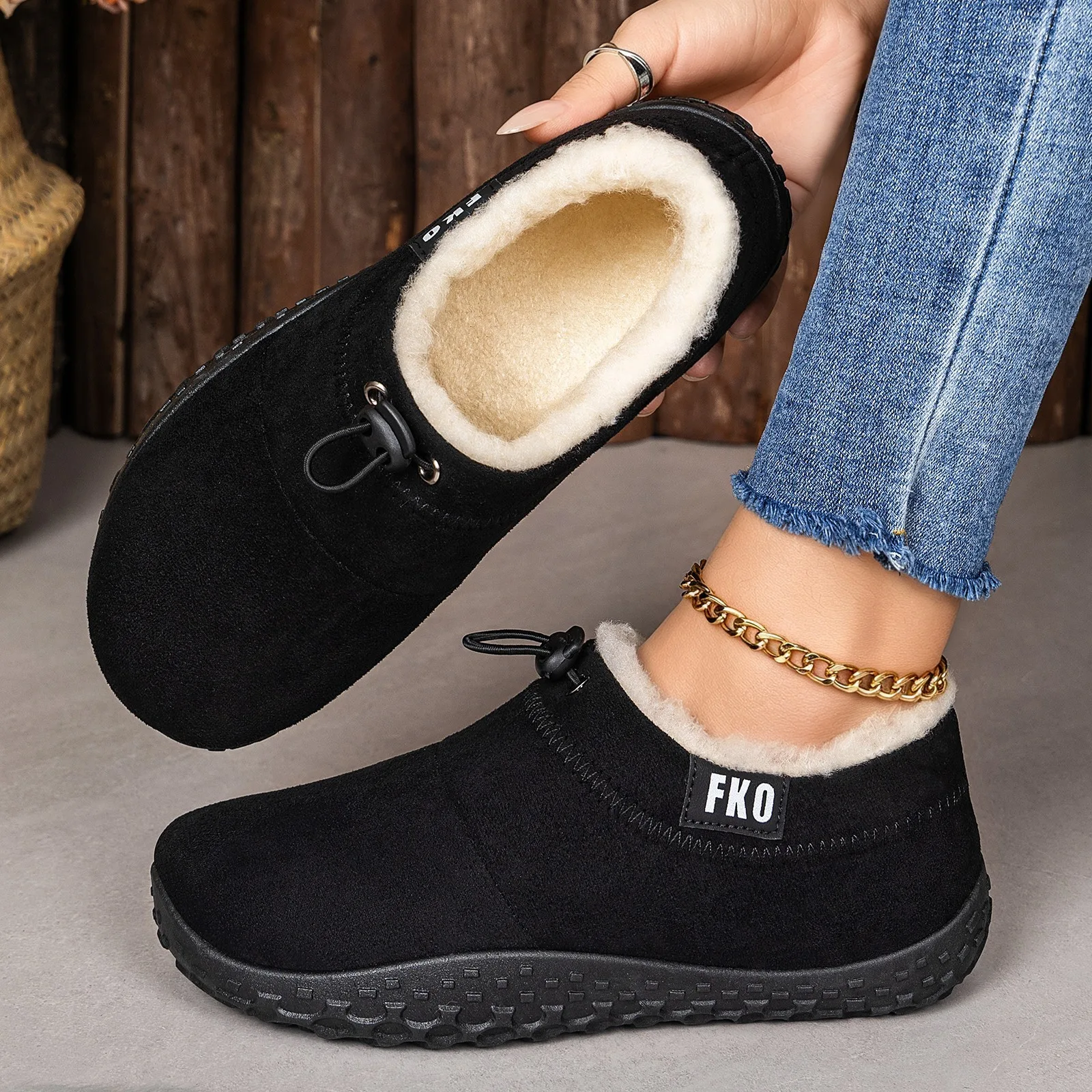 Damen-Winterschuhe mit Fleece-Futter, zum Überziehen, mit Kordelzug am Schaft, warm, rutschfest, flache Stiefeletten, für den Außenbereich, lässig, kurze Schneestiefel. – Detail 5