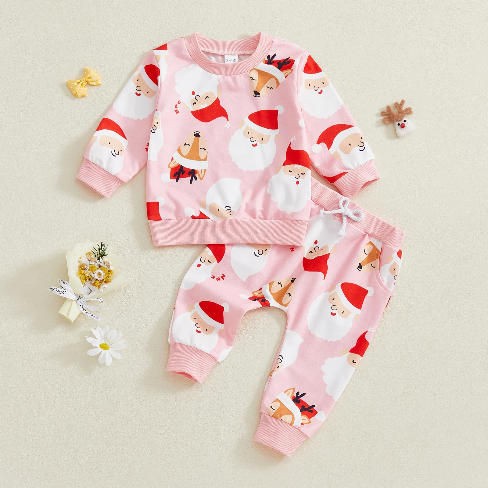 

Toddler Girl Christmas Outfits Santa/Bow Print Long Sleeve Round Neck Pullover + Elastic Waist Long Pants 2 Pcs Set