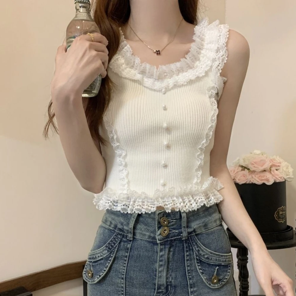 Rib Knit Top With Ruffle Lace Trim Button Front Sleeveless Knit Crop Outfit