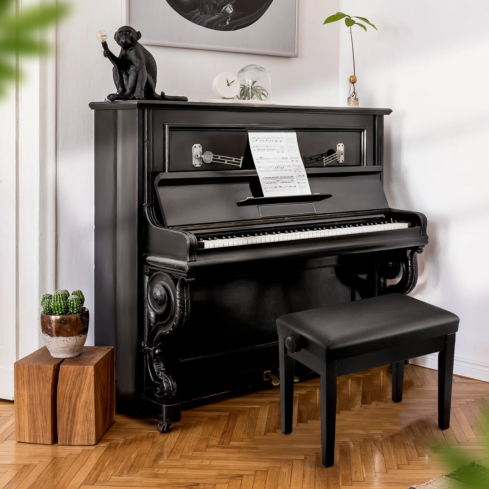مقعد بيانو قابل للتعديل مع وسادة سميكة وإطار فولاذي - مقعد قابل لضبط الارتفاع للوحة المفاتيح/الأعضاء، للاستخدام المنزلي والاستوديو (أسود)