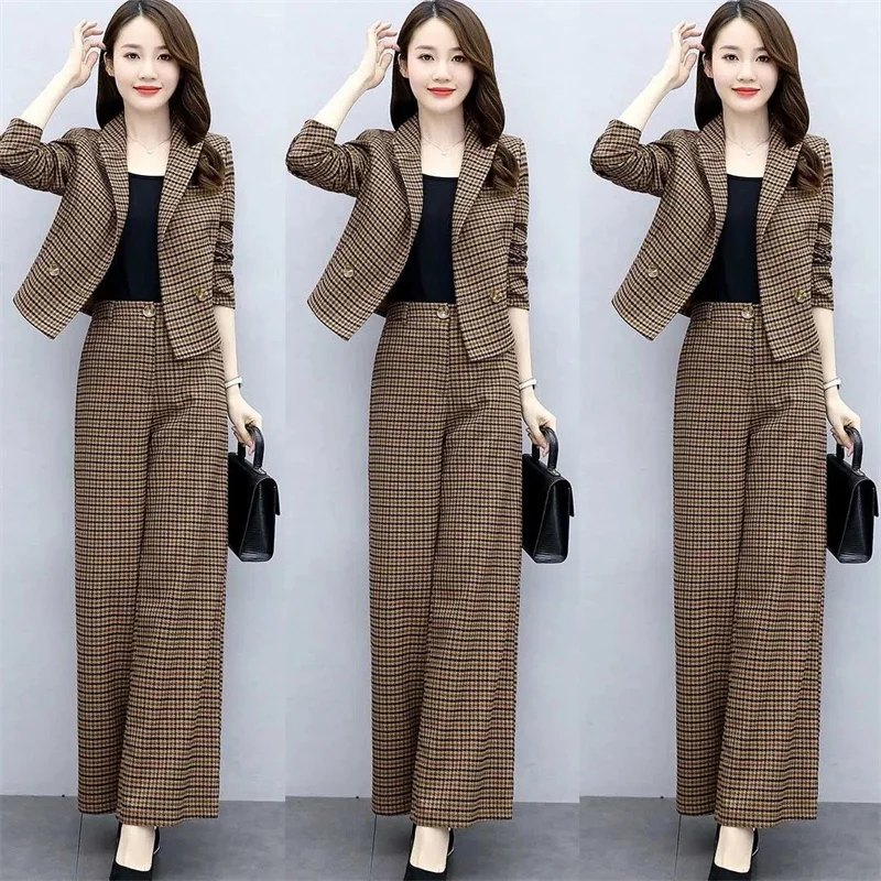 Women\'s Pants Two Piece Set Plaid Professional Suit Female Long Sleeve Temperament Wide leg Pants Suit 3XL