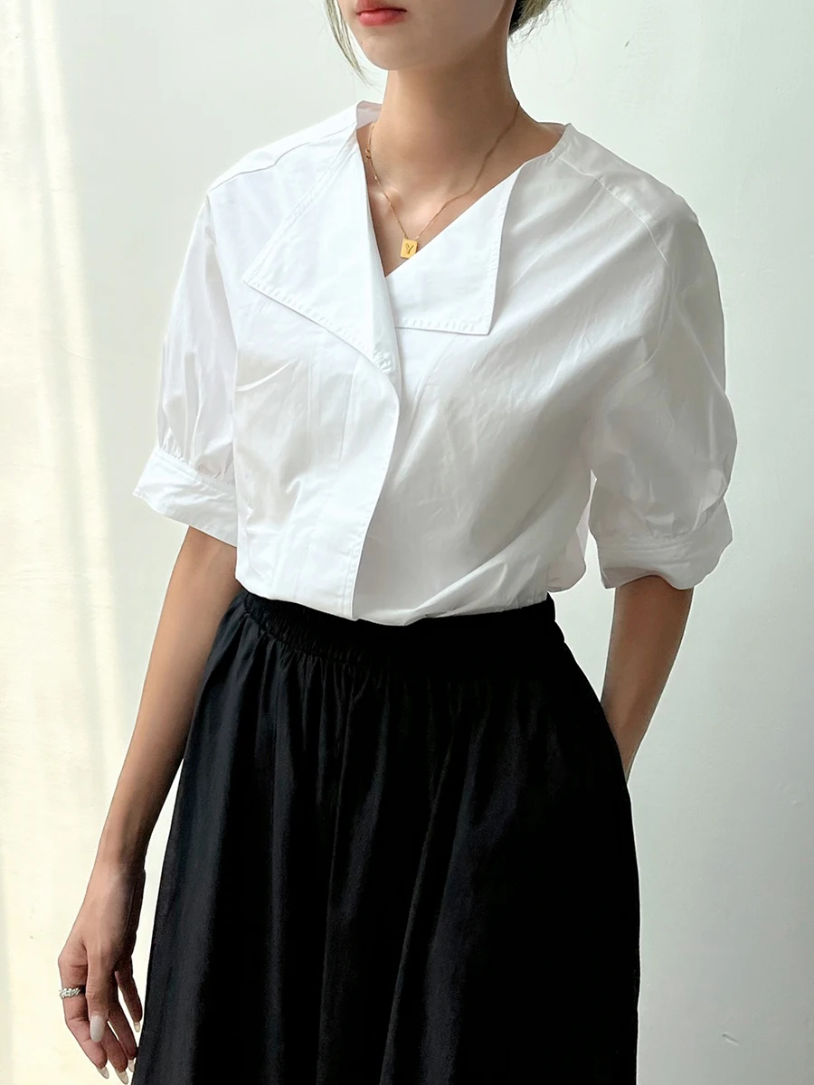 

JANE Simple V-Ne Mid-Sve White irt Women's Faionable Versatile Top Summer New Design Cotton Blend Loose Fit OL Sle