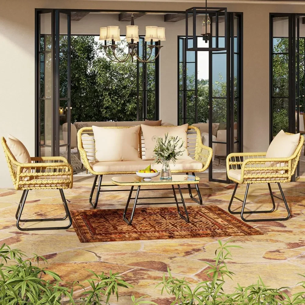 4-Piece Wicker Outdoor Bistro Set, All-Weather Rattan Conversation Loveseat Chairs with Soft Cushions and Metal Table