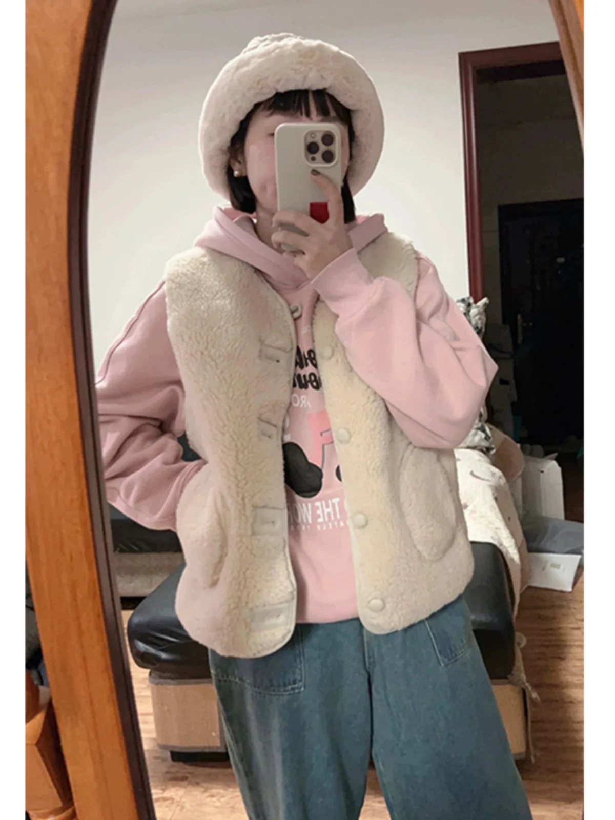 سترة فرو الحمل الكورية الفضفاضة للنساء، ملابس خريفية وشتوية عصرية غير رسمية، توب بدون أكمام مبطن، مقاسات كبيرة، متعدد الألوان