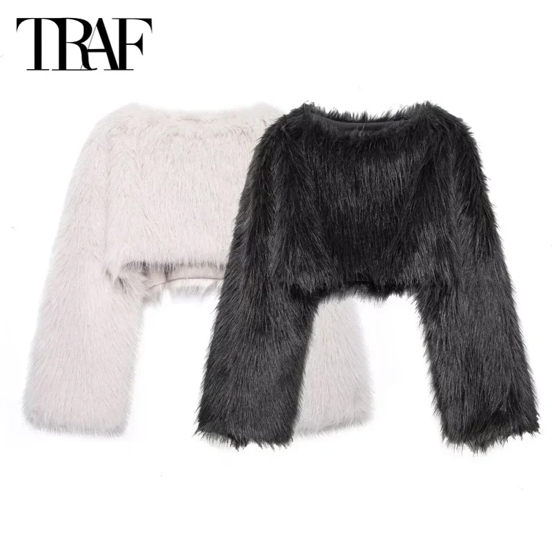 TRAF Women\'s Cropped Faux Fur Pullovers 2024 Warm Winter Jacket Coats Autumn Long Sleeve Short Fluffy Beige Black Outerwears