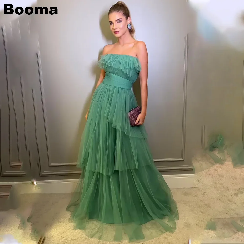 

Booma Green A-Line Long Prom Dresses Strapless Tiered Tulle Formal Party Gowns Elegant Women's Evening Dress for Weddung Guest