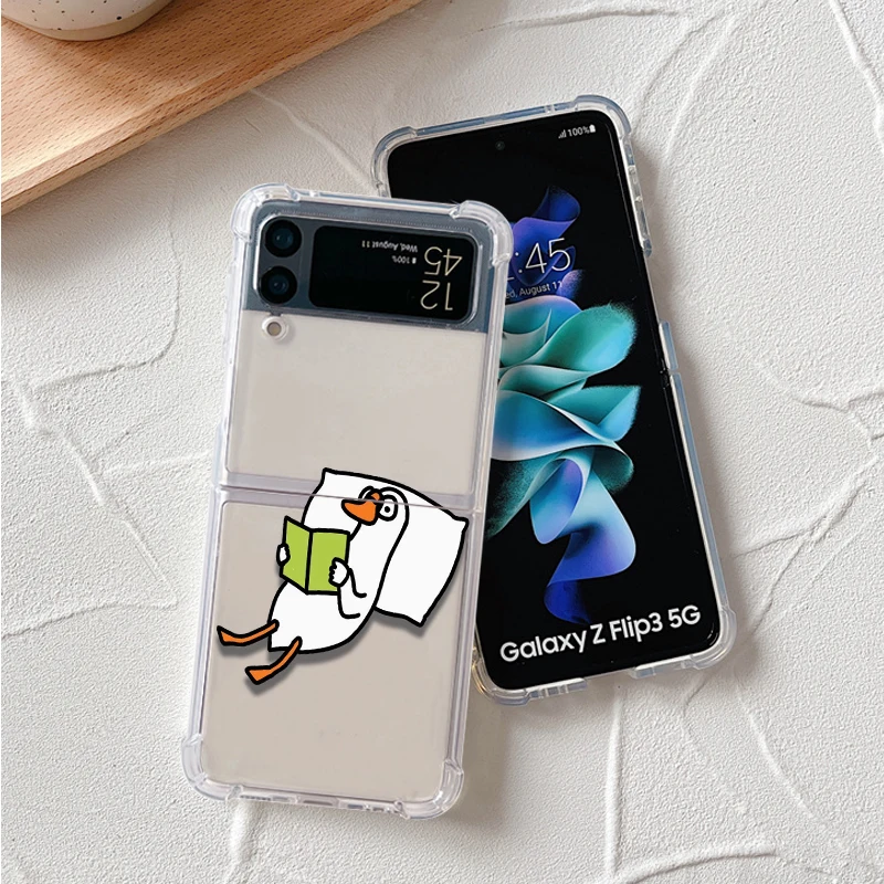 Cute Cartoon Lying Flat Duck Case For Samsung Galaxy Z Flip 4 3 5 5G Funda Z Flip4 Clear PC Hard Luxury Back Phone Coque