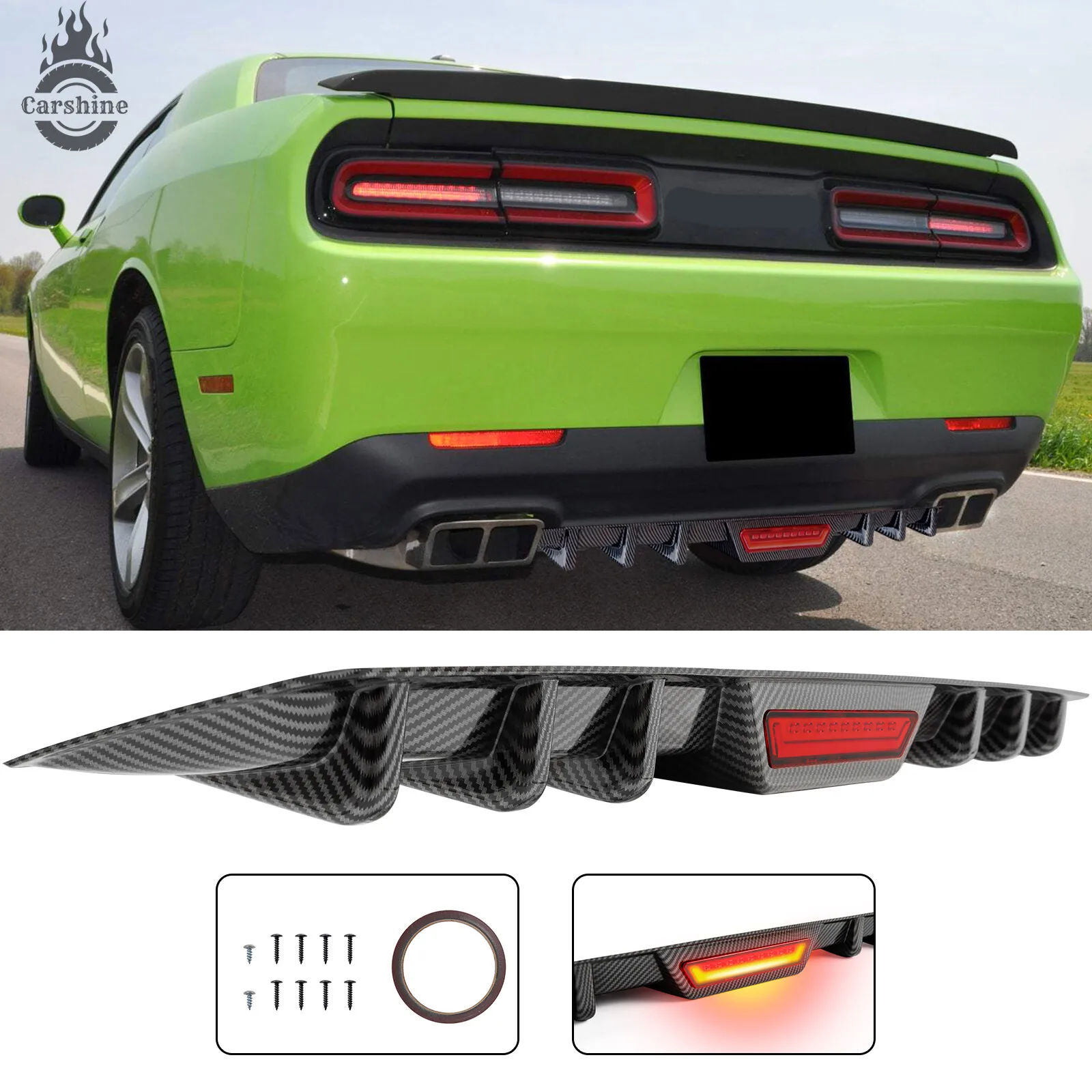 

Для Dodge Challenger: задний бампер, диффузор, сплиттер, спойлер, карбоновые аэродинамические плавники («акулий плавник»)