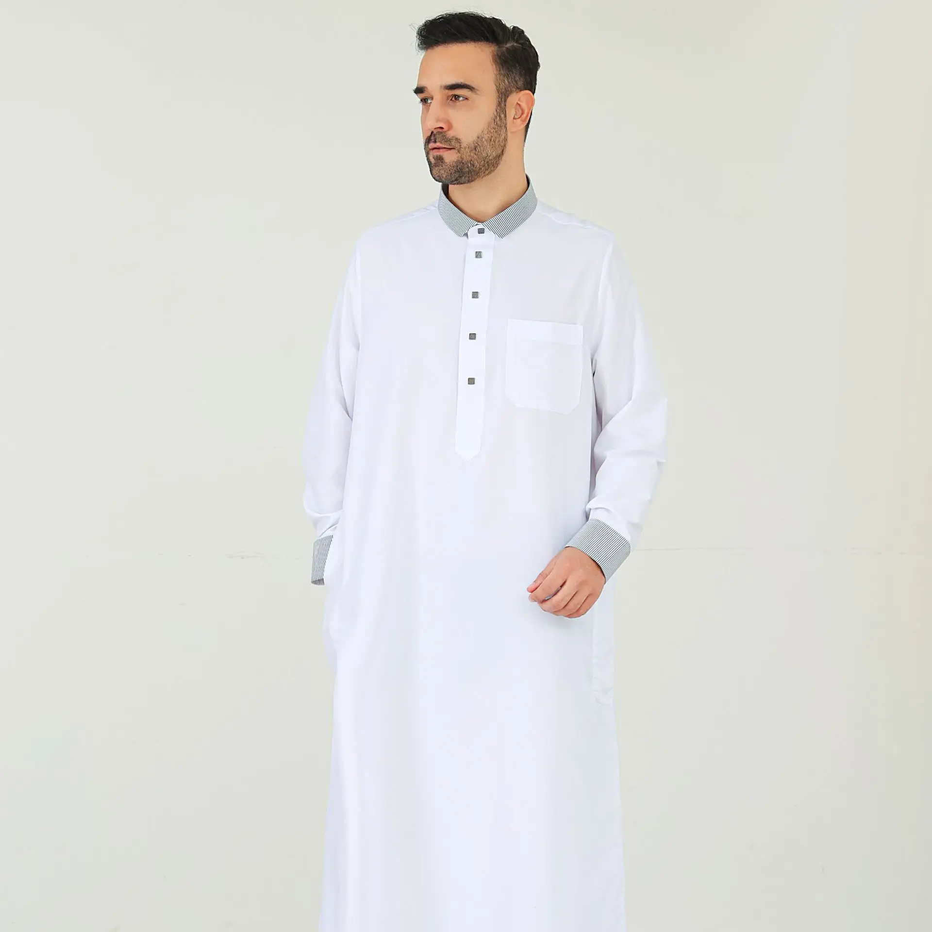 Jubah Thobe Pria Muslim Arab Jubah Panjang Lengan Panjang Kerah Tegak Pakaian Ramadan Idul Fitri Islam Dubai Abaya Kaftan Daffah Dishdasha