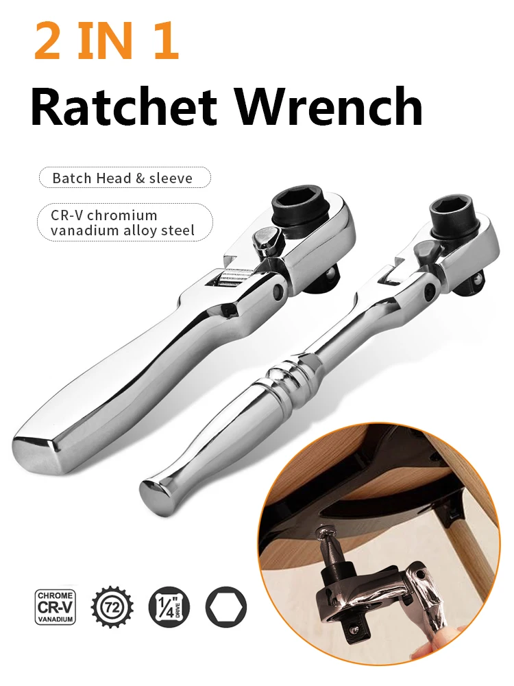 

2 in 1 Mini Ratchet Wrench 1/4 Double Ended Adjustable Quick Spanner Tool Screwdriver Socket Wrench Repair Hand Tools