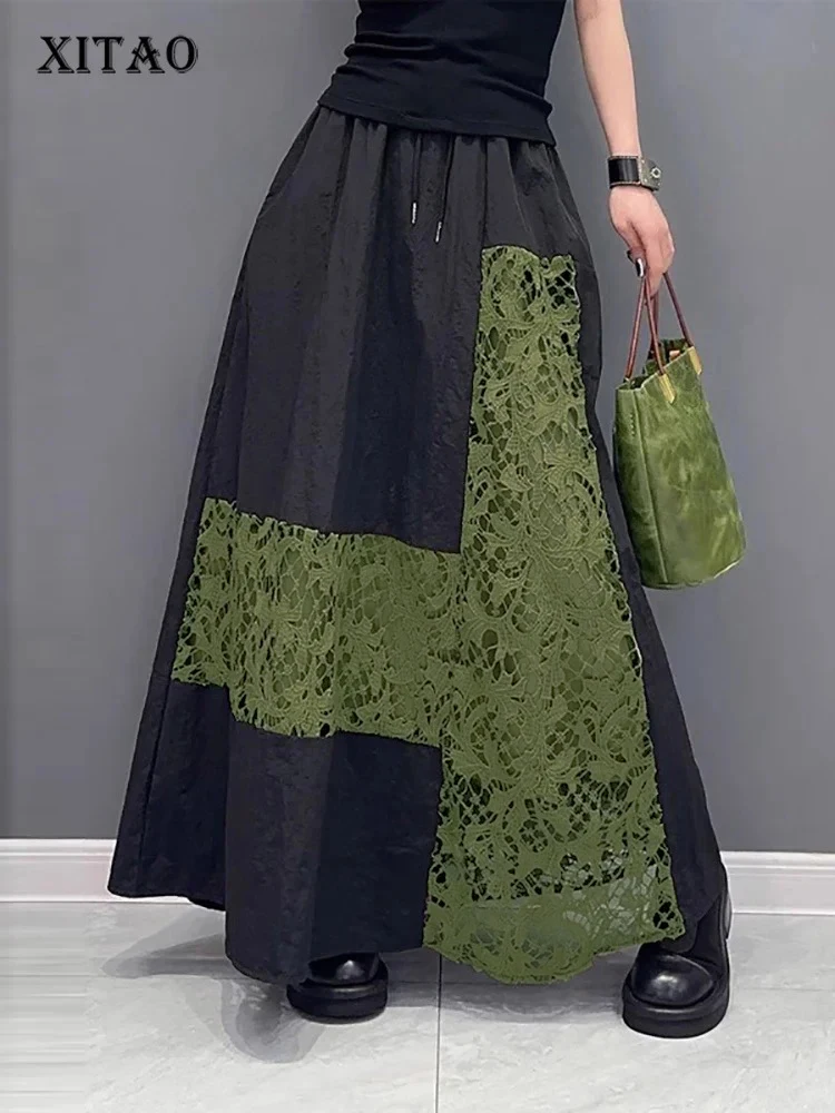 

XITAO Lace Patchwork Floral Pocket Skirts Elastic Waist Contrast Color Fashion A-line Loose Temperament 2025 Summer WLD20160