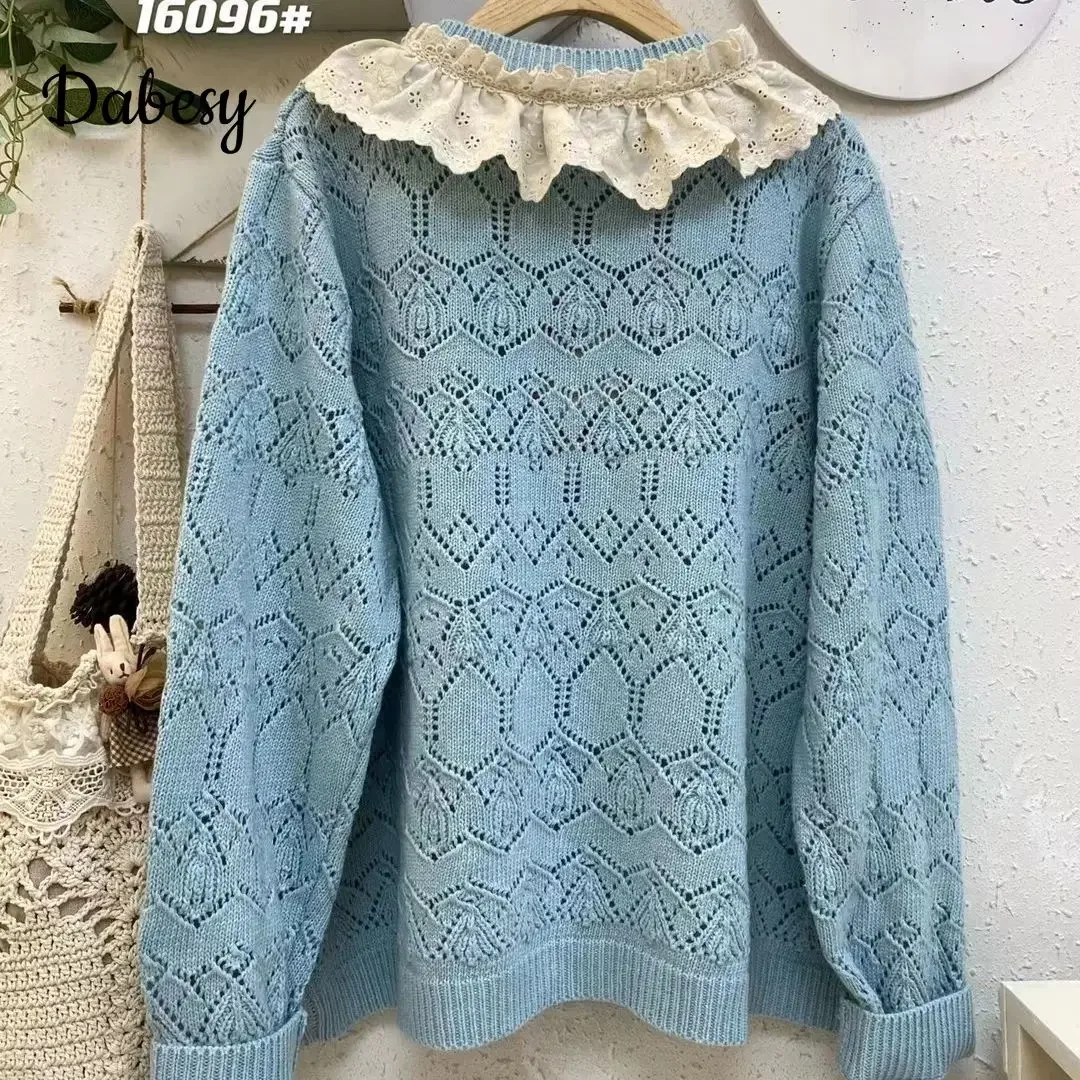 Mori Girl Hollow Out sweter dziergany dla kobiet jesienno-zimowy potargany patchworkowy sweter płaszcz Casual O-neck luźna dzianina Outwea