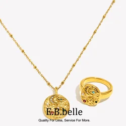E.B.belle Colorful Devil's Eye Star Moon Hammer Pattern C-shaped Women's Ring Earring Necklace Fashion Jewelry Stainless Steel
