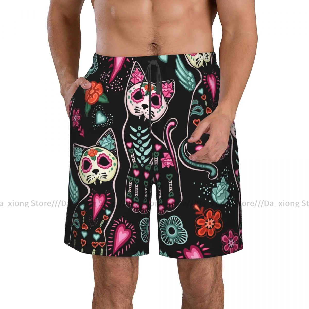 Shorts de natação curtos de praia dos homens, Dia Dos Mortos, Halloween Cats Surfando, Tabuleiro Esportivo, Roupa de Banho