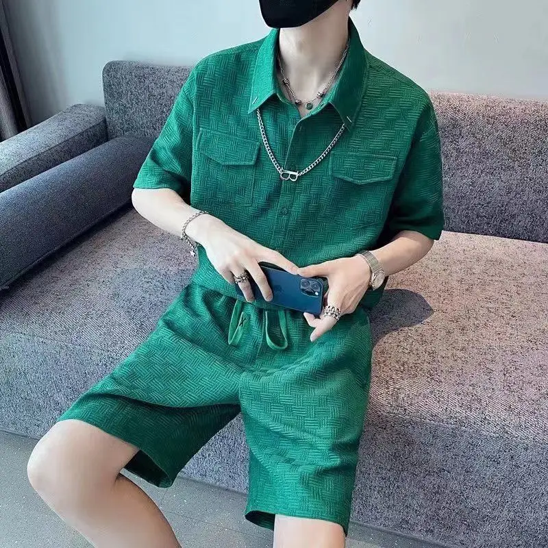 

Male Shirts Short Sets Green Plain Kpop Elastic Casual Loose 2025 Trend Regular Fit Original Brands Polyester Men's Shorts Set
