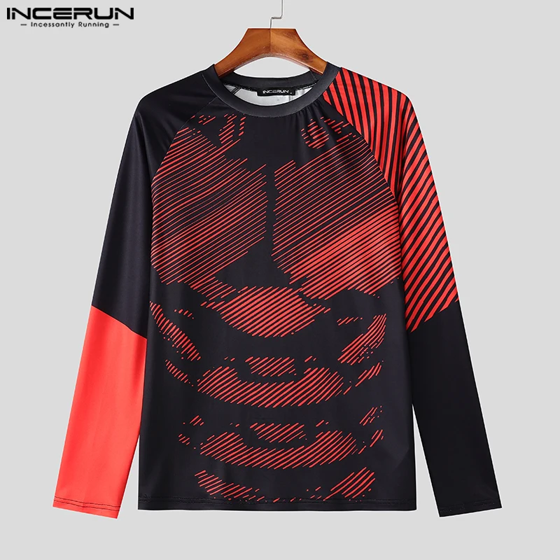 2024 INCERUN Irregular Lines Colorblock Tops Men Casual Long Sleeve T-shirts Well Fitting Long Sleeved Tees Round Neck Sexy Tops